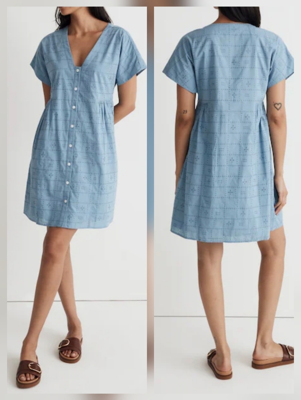 Madewell Button-Front V-Neck Eyelet Mini Dress Pockets Cotton